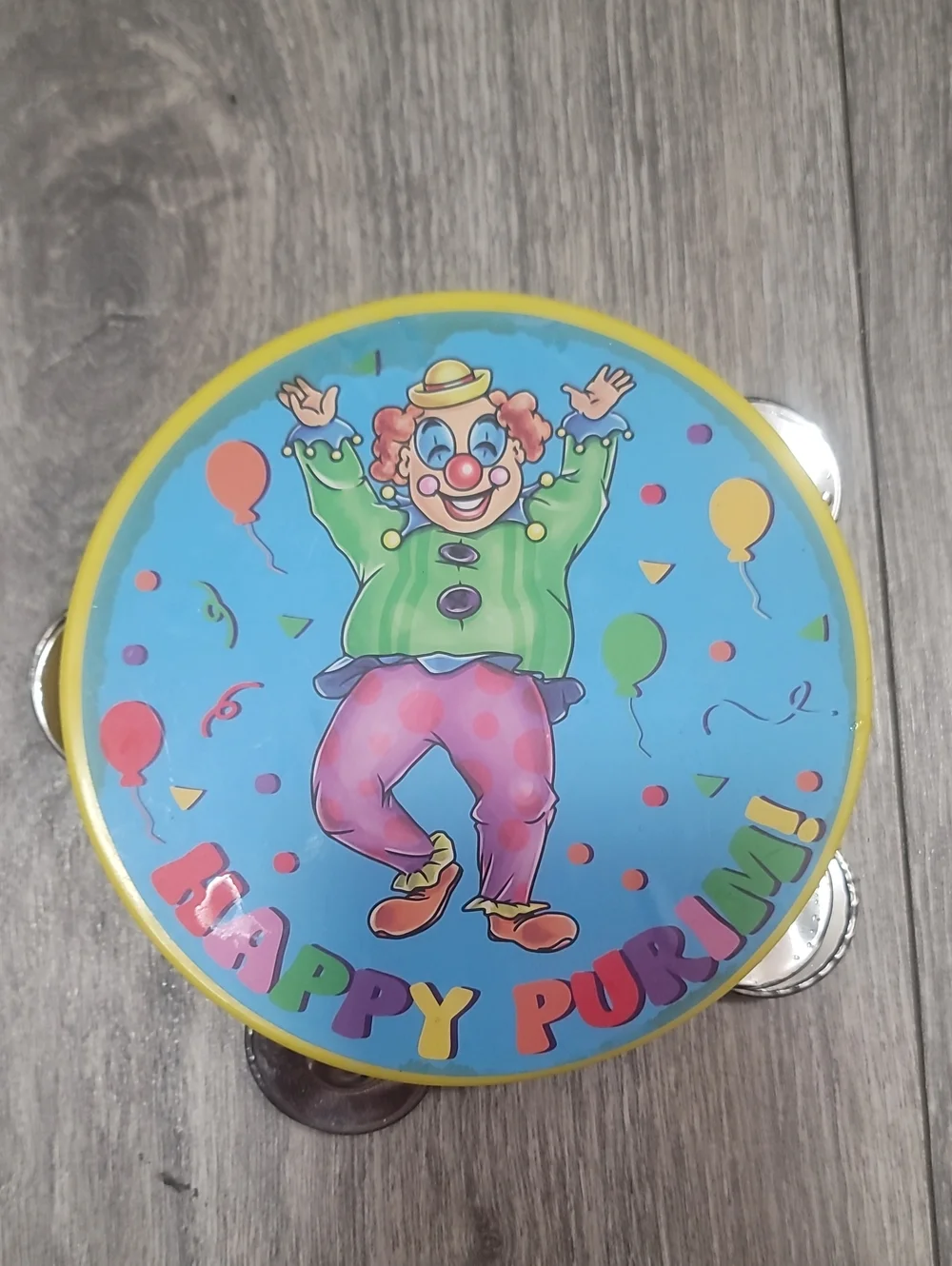 Happy Purim Blue and Yellow Clown Tambourine